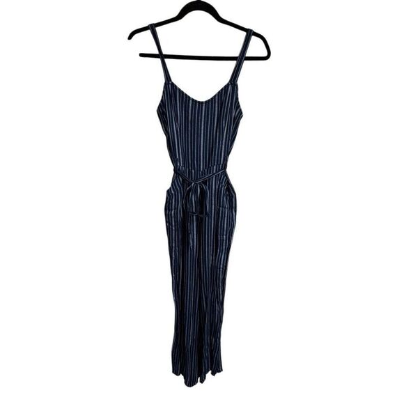Hollister Navy Blue Striped Cropped Wide Leg Tie Soft Jumpsuit Small - Picture 2 of 9
